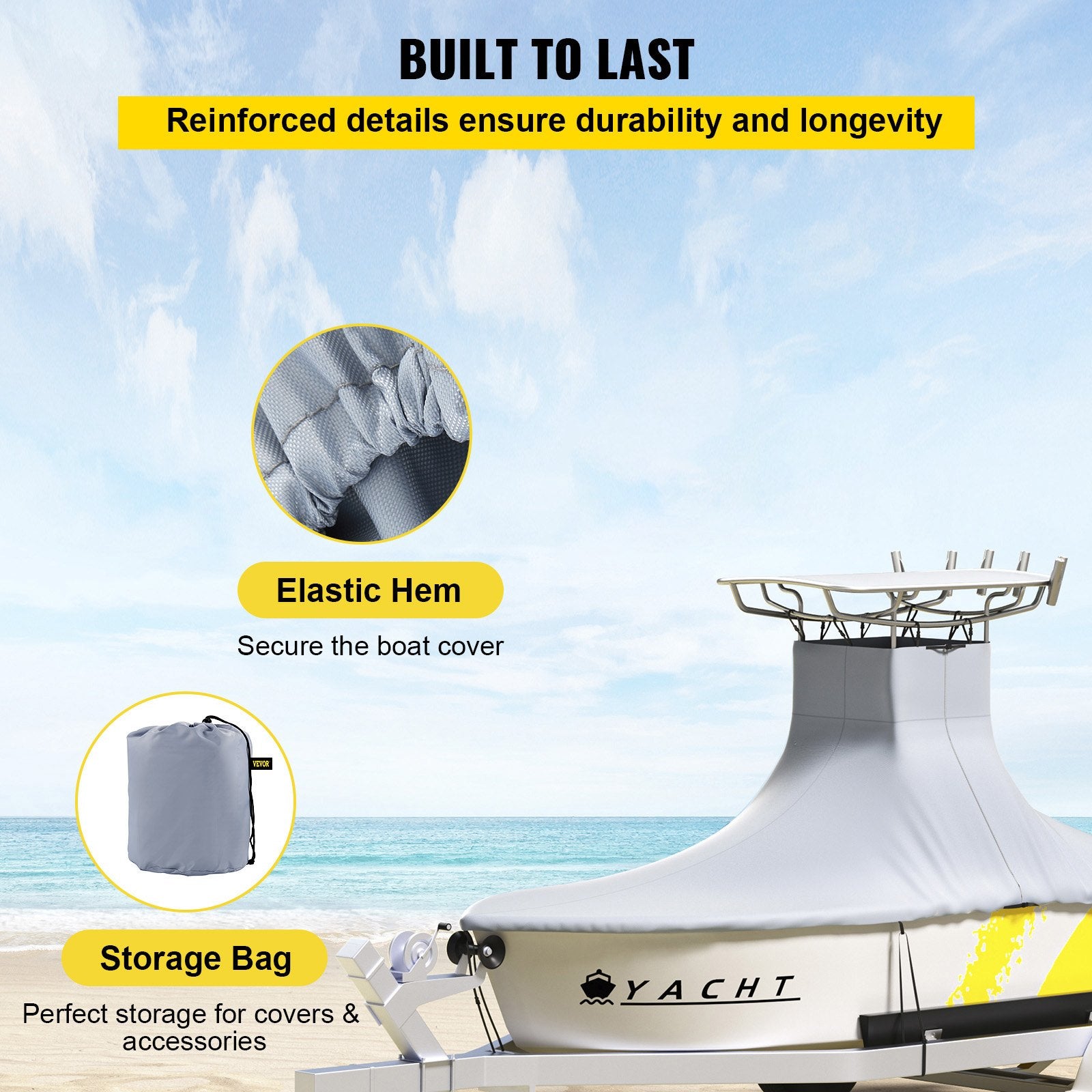 Boat cover with reinforced details, elastic hem, and storage bag on a boat against a beach background.