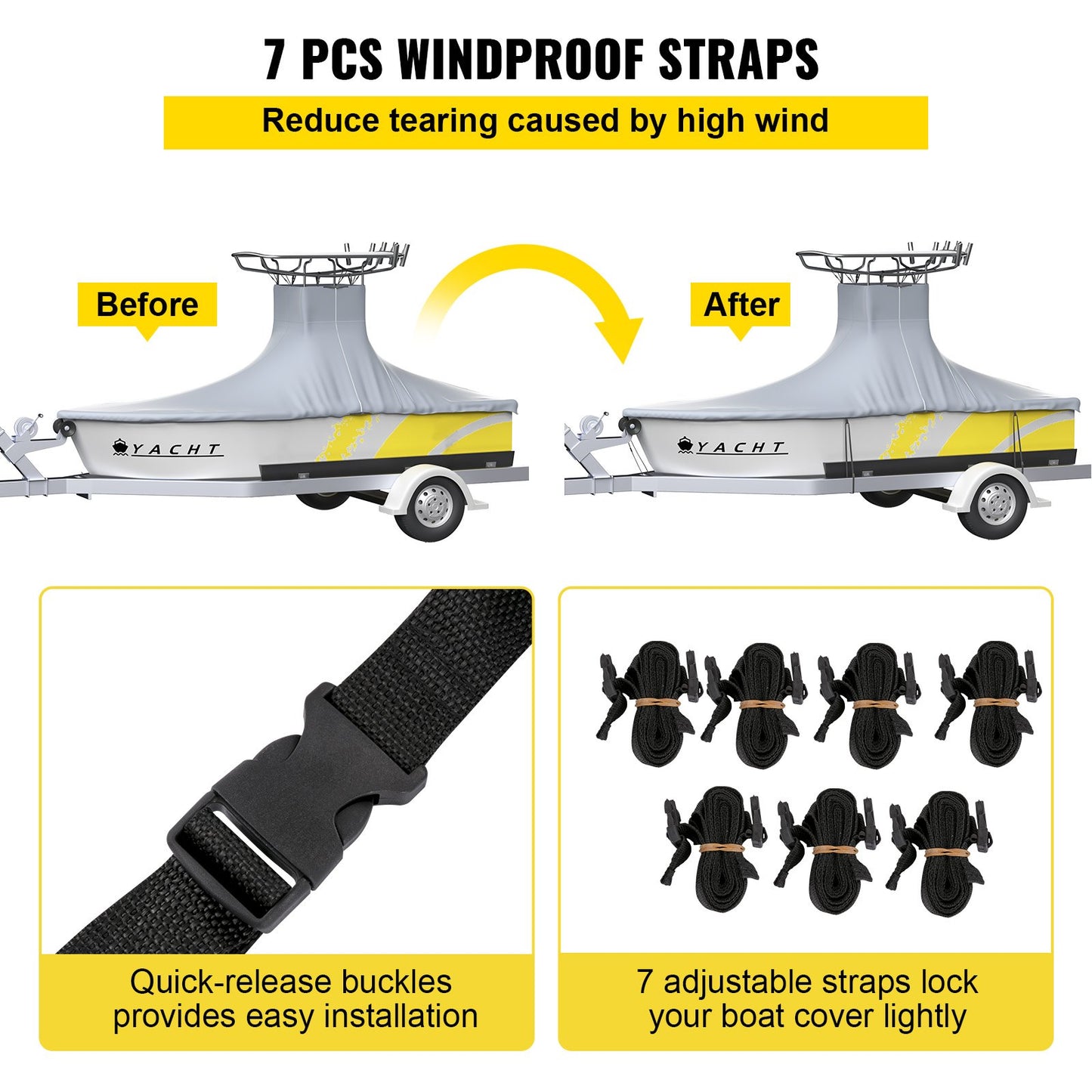 7 PCS Windproof Straps for boat cover with before and after illustration and product details.