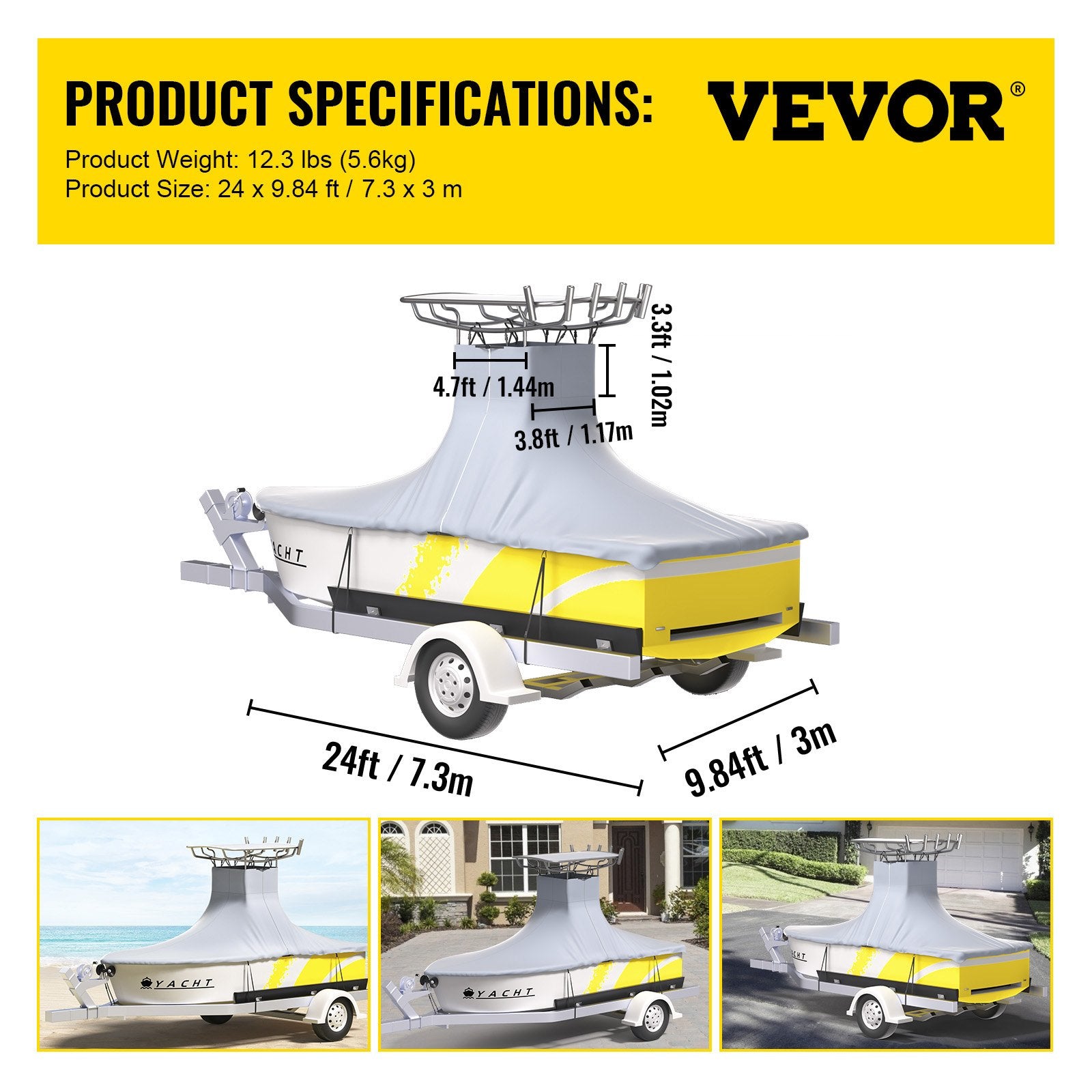 Vevor boat cover with specifications and usage scenarios