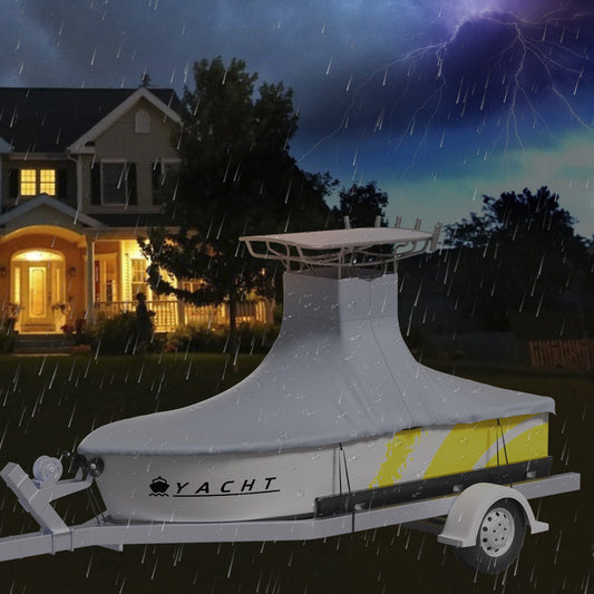 Tent on a trailer in front of a house with lightning in the sky