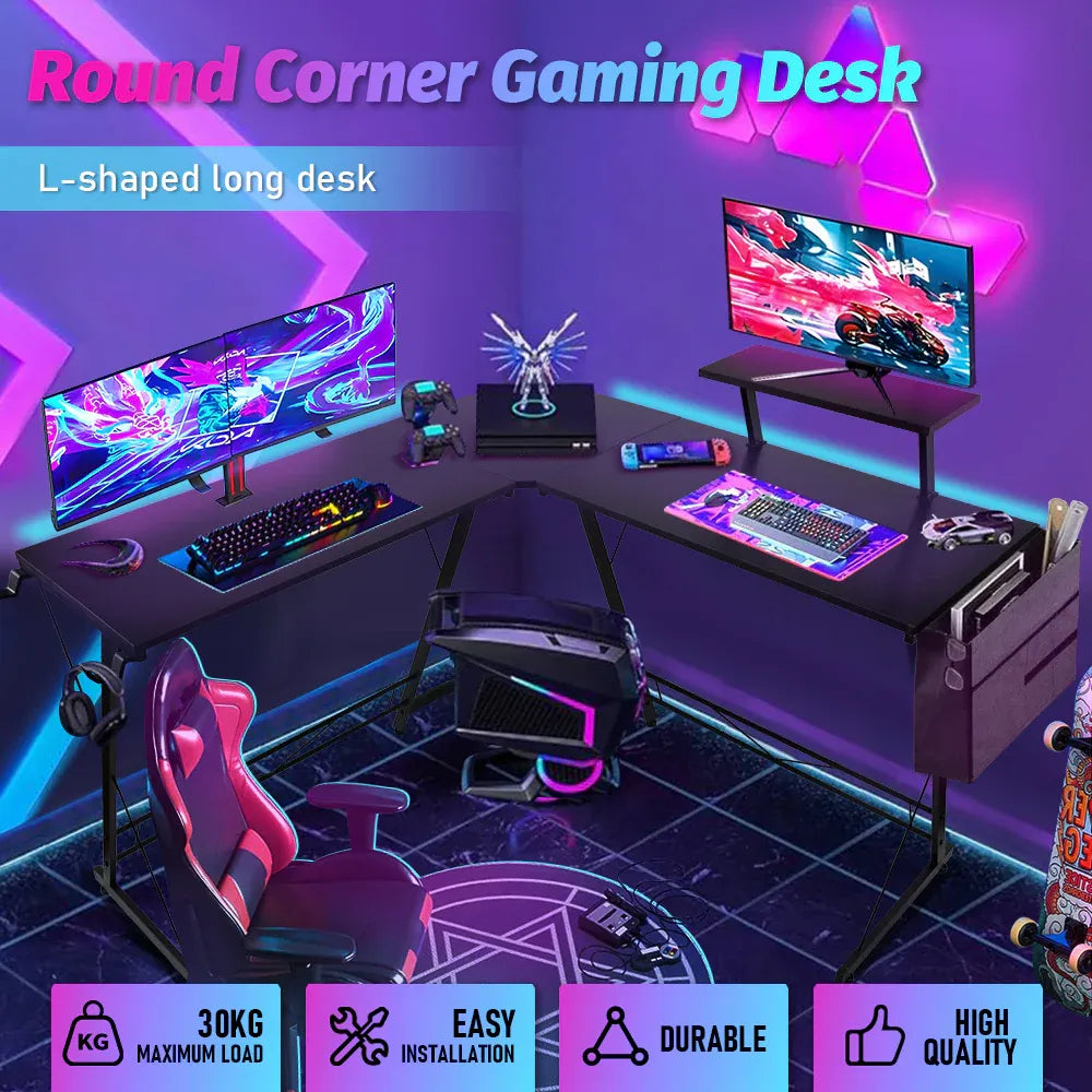 L-Shaped Corner Computer Desk with Screen Stand – Reversible