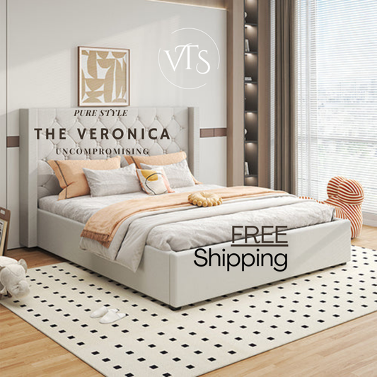 THE VERONICA -  Bed Frame King Size Winged Grey Linen Fabric Seam Grid Pattern with gas lift plywood metal structure