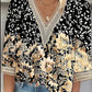 Women's Loose New Multi-Colour Floral Print Stitching Lace Mid-sleeve V-neck T-shirt