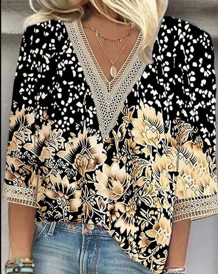 Women's Loose New Multi-Colour Floral Print Stitching Lace Mid-sleeve V-neck T-shirt