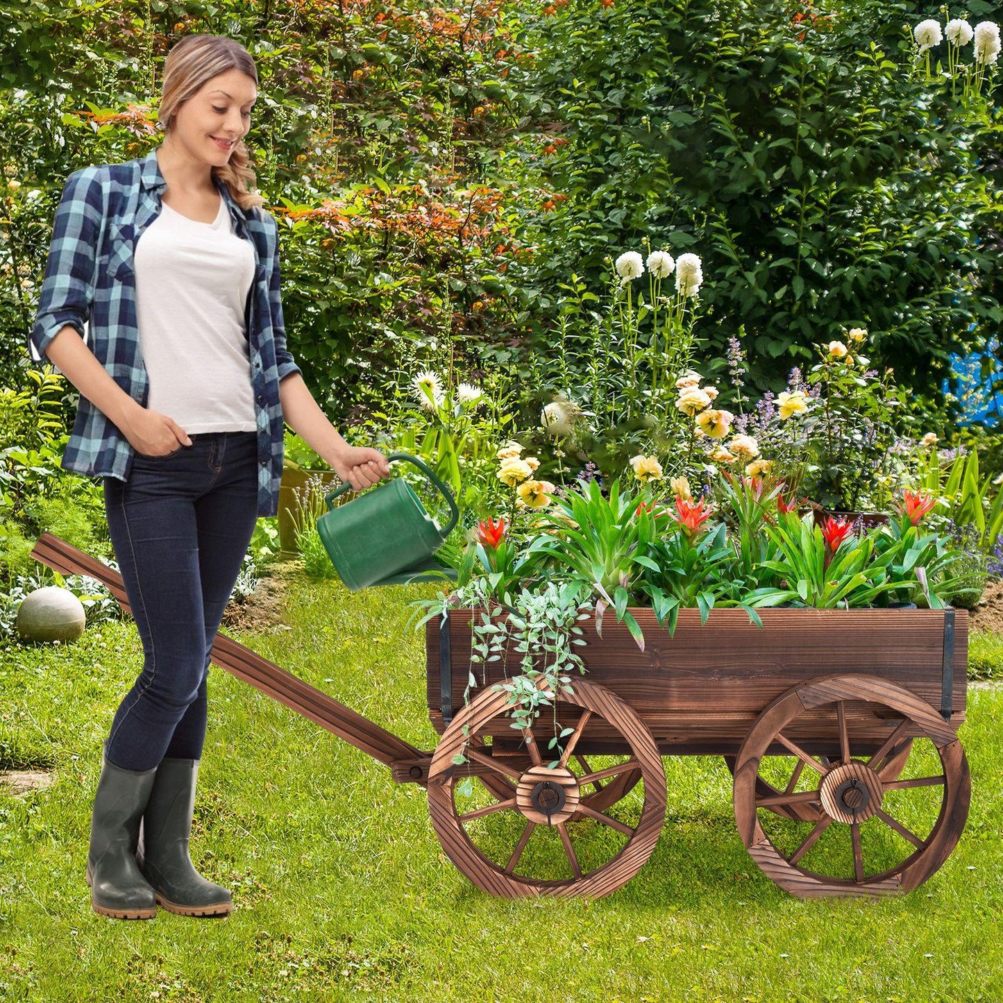 1pc  Wooden Garden Wagon Planter - Classic Outdoor Cart with 4 Wheels, Durable Hunting Tree Stand Accessory, Brown Fir Wood Construction, Ideal for Patio & Lawn Decoration