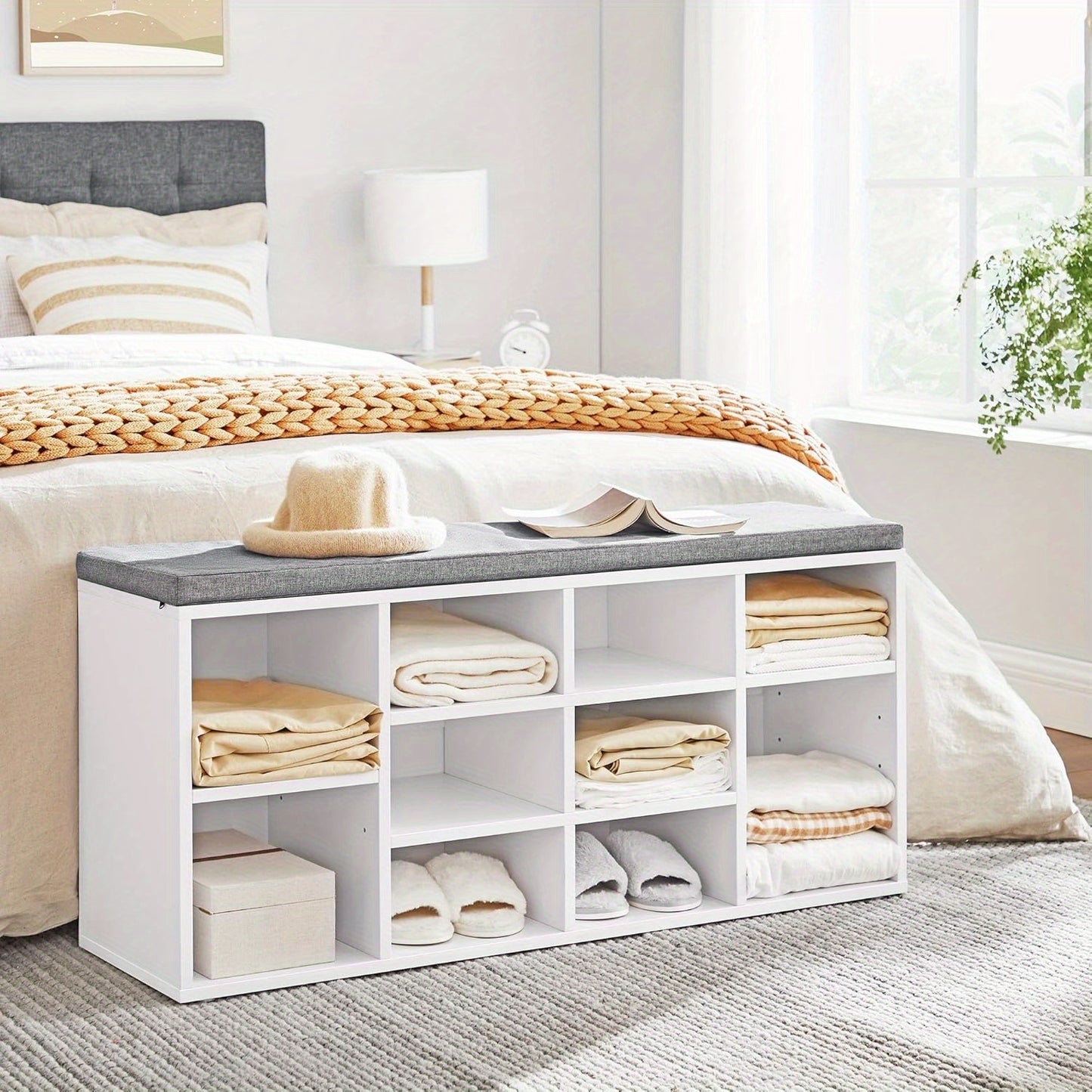 Shoe Bench with Cushion, Storage Bench with Padded Seat, Entryway Bench with 10 Compartments, Adjustable Shelves, for Bedroom, 29.97 x 103.89 x 48.01 cm, White and Grey