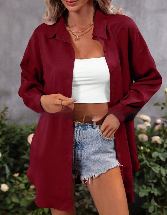 Fashion Loose Candy Colour Long Sleeve Shirt Top