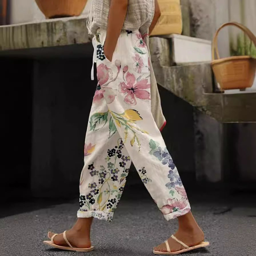 Feminine Digital Printed Minimalist Rolled Edge Casual Pants