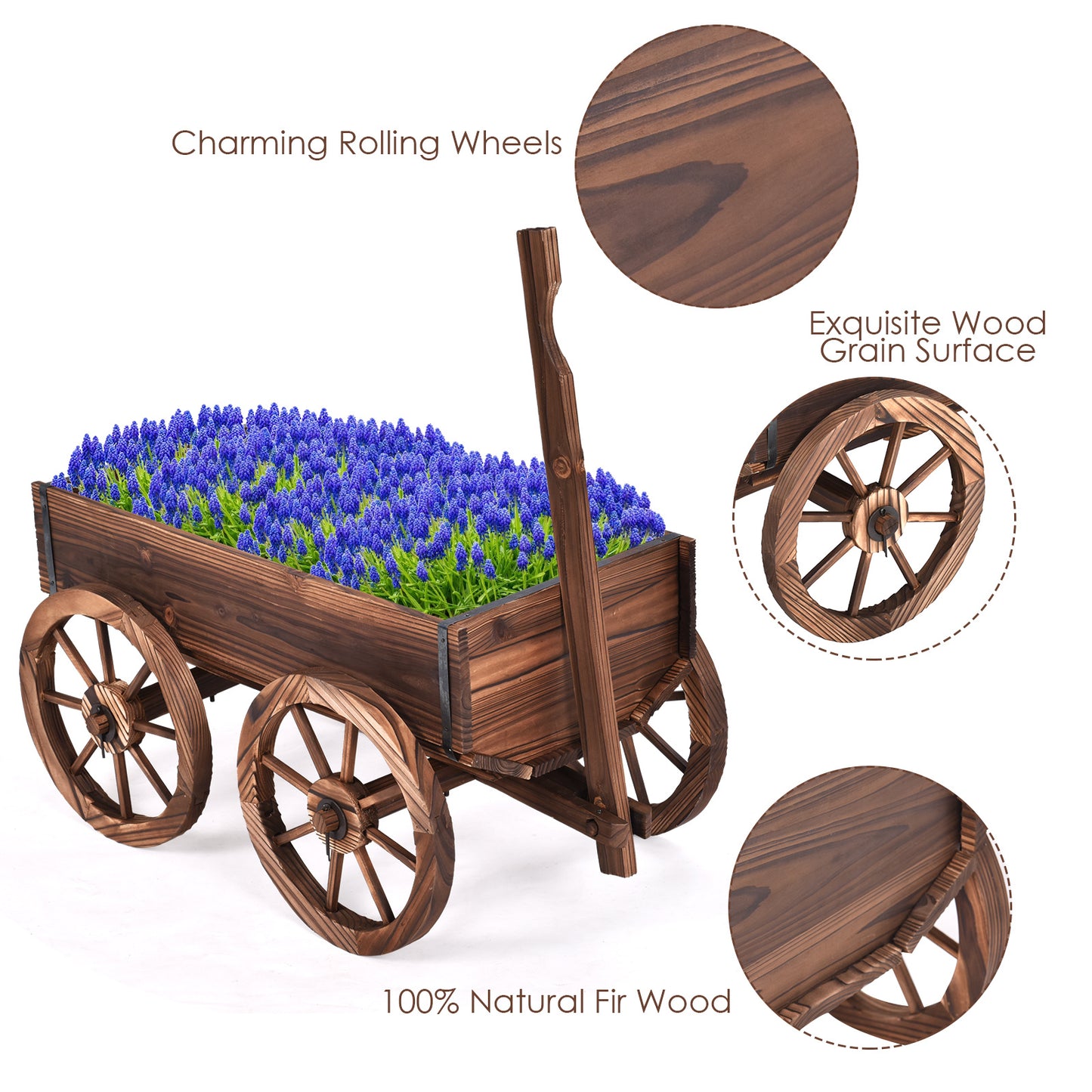 1pc  Wooden Garden Wagon Planter - Classic Outdoor Cart with 4 Wheels, Durable Hunting Tree Stand Accessory, Brown Fir Wood Construction, Ideal for Patio & Lawn Decoration