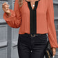 Women's Clothing Colour-block V Neck Bubble Long Sleeve Shirt Top