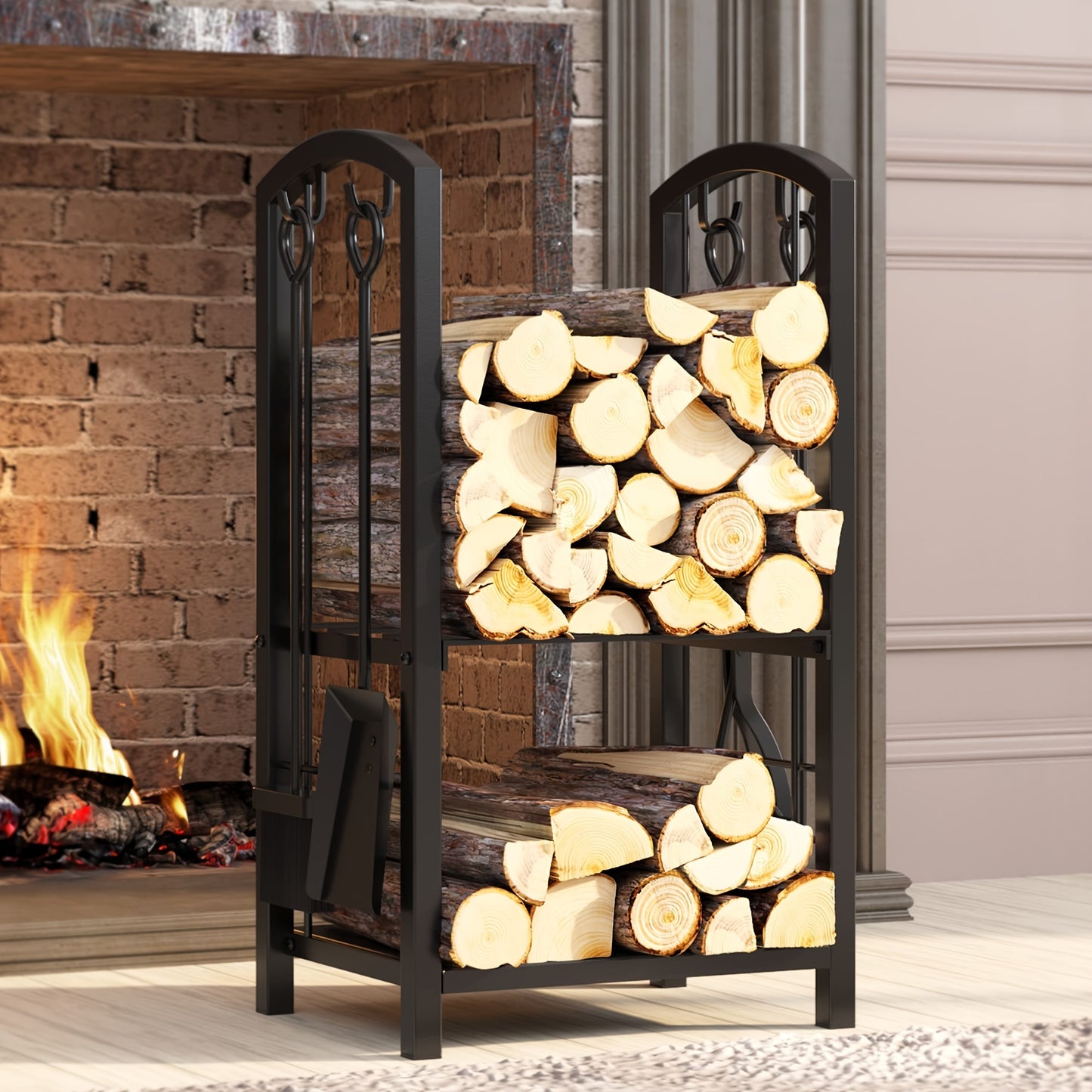 Deluxe Metal Firewood Rack with 4-Tool Set - Indoor/Outdoor Log Holder, Powder-Coated Finish, Perfect for Wood Stove & Fireplace Accessories