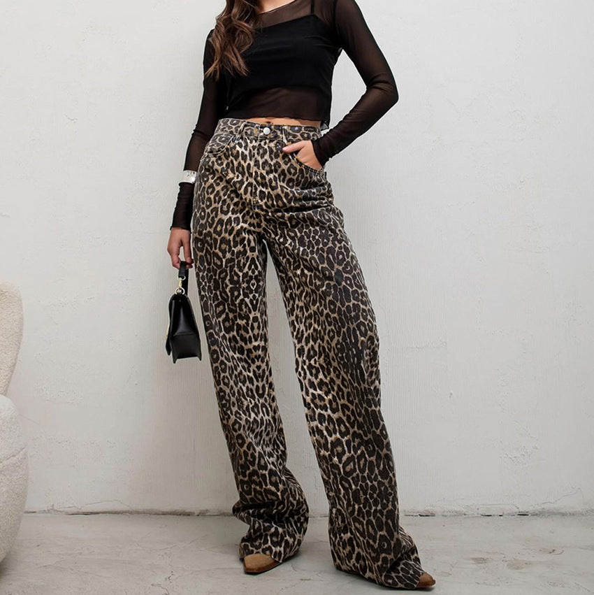 Pure Cotton Design Leopard Print High Waist Fashion Personalized Casual Pants New Cross-border Versatile Niche Trousers