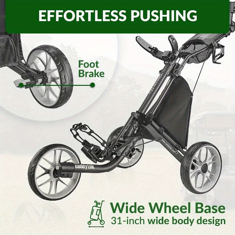 EZ V8 3-Wheel Golf Push Cart - Lightweight, Foldable Design with Foot Brake, Easy Open & Close, Strong Aluminum Frame, Maintenance-Free EVA Wheels, Black with Blue Accents