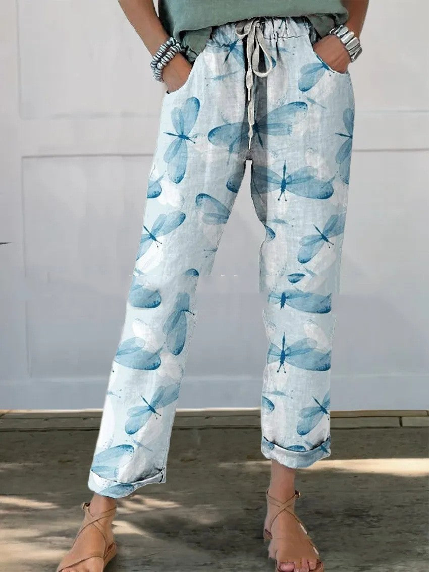 Drawstring Pocket Printed Casual Cropped Pants