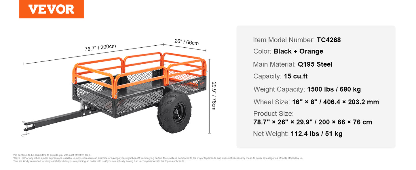 Heavy Duty Steel ATV Dump Trailer Tow Behind Dump Cart Garden Trailer with Removable Sides and Tires for Mowers Tractors