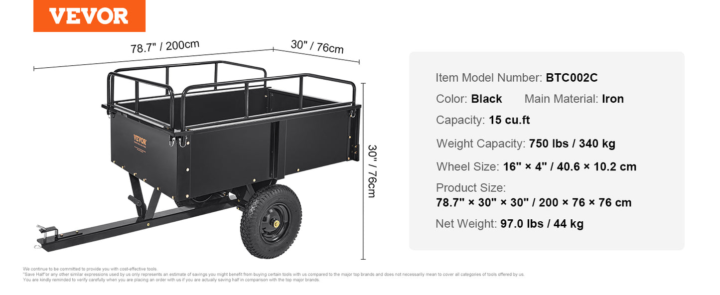 Heavy Duty Steel ATV Dump Trailer Tow Behind Dump Cart Garden Trailer with Removable Sides and Tires for Mowers Tractors