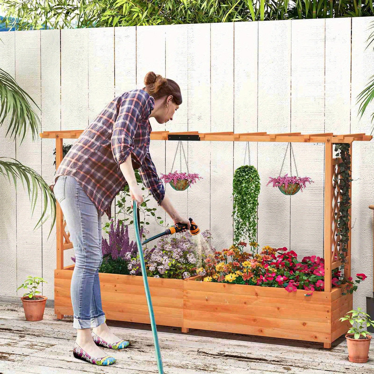 Double Flower Pot Frame with Arch Trellis and Hanging Roof, Raised Garden Bed for Climbing Plants, Patio Backyard Container, Orange Fir Wood