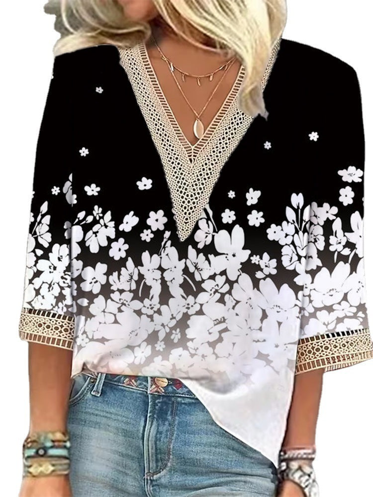 Women's Loose New Multi-Colour Floral Print Stitching Lace Mid-sleeve V-neck T-shirt