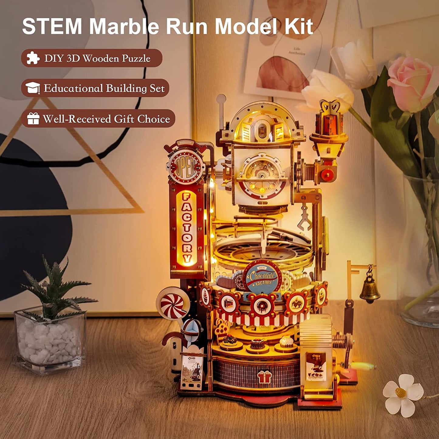 Marble Chocolate Factory 3D Wooden Puzzle Games Assembly Model Building Toys For Children Kids Birthday Gift