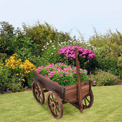 1pc  Wooden Garden Wagon Planter - Classic Outdoor Cart with 4 Wheels, Durable Hunting Tree Stand Accessory, Brown Fir Wood Construction, Ideal for Patio & Lawn Decoration