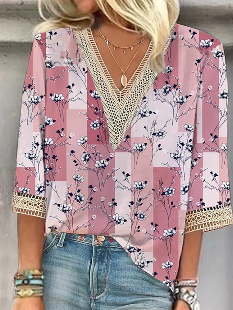 Women's Loose New Multi-Colour Floral Print Stitching Lace Mid-sleeve V-neck T-shirt