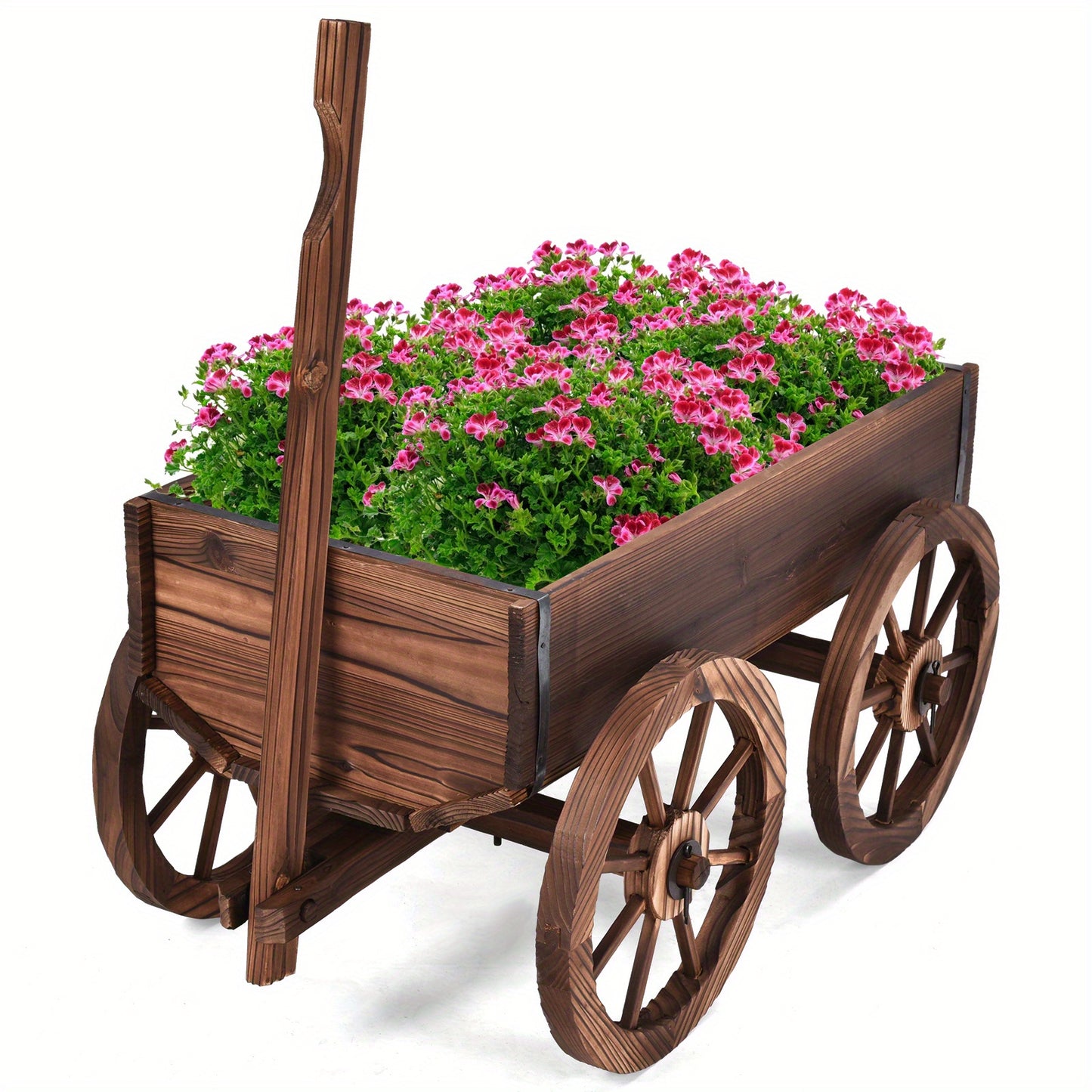 1pc  Wooden Garden Wagon Planter - Classic Outdoor Cart with 4 Wheels, Durable Hunting Tree Stand Accessory, Brown Fir Wood Construction, Ideal for Patio & Lawn Decoration