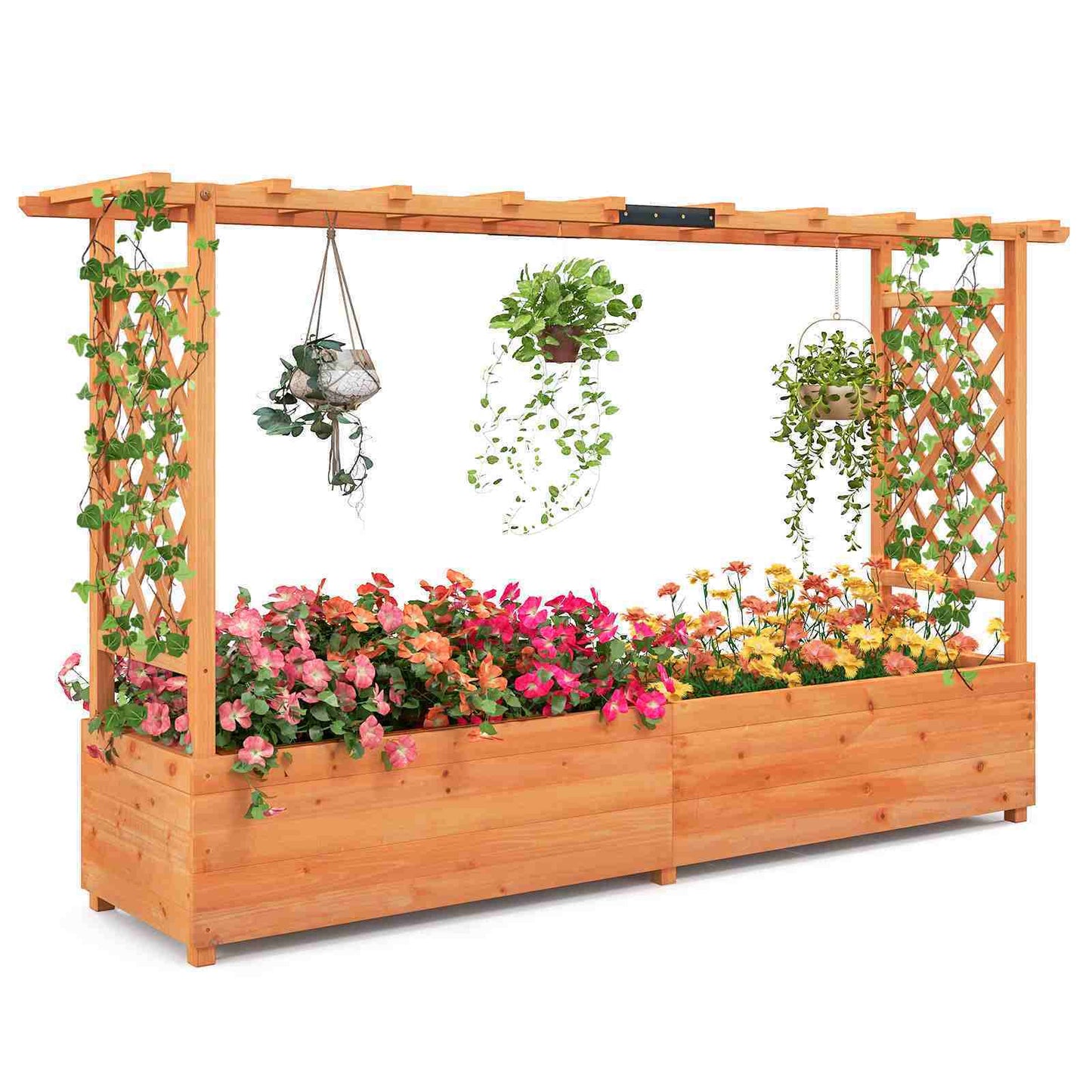 Double Flower Pot Frame with Arch Trellis and Hanging Roof, Raised Garden Bed for Climbing Plants, Patio Backyard Container, Orange Fir Wood