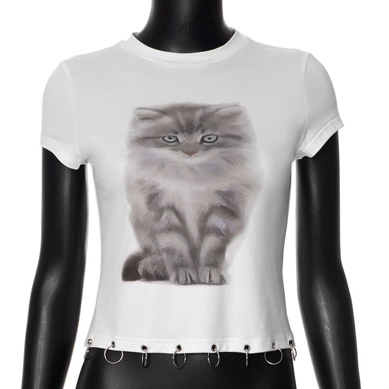 Kitten Round Neck Short Sleeve Ring T-shirt Top