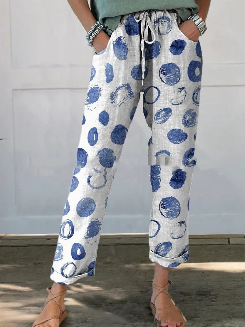 Drawstring Pocket Printed Casual Cropped Pants