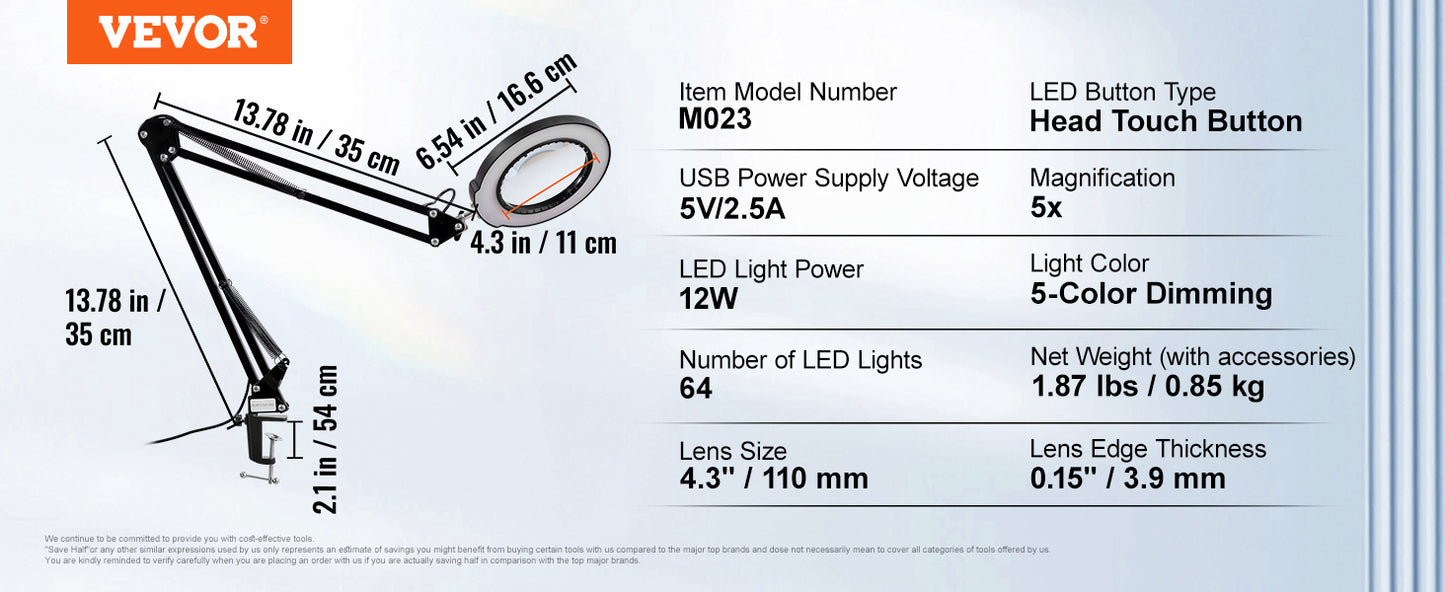Magnifying Glass with Light 5X Magnifying Lamp 4.3" Glass Lens Base or Clamp Desk Magnifier with 64 LED Lights