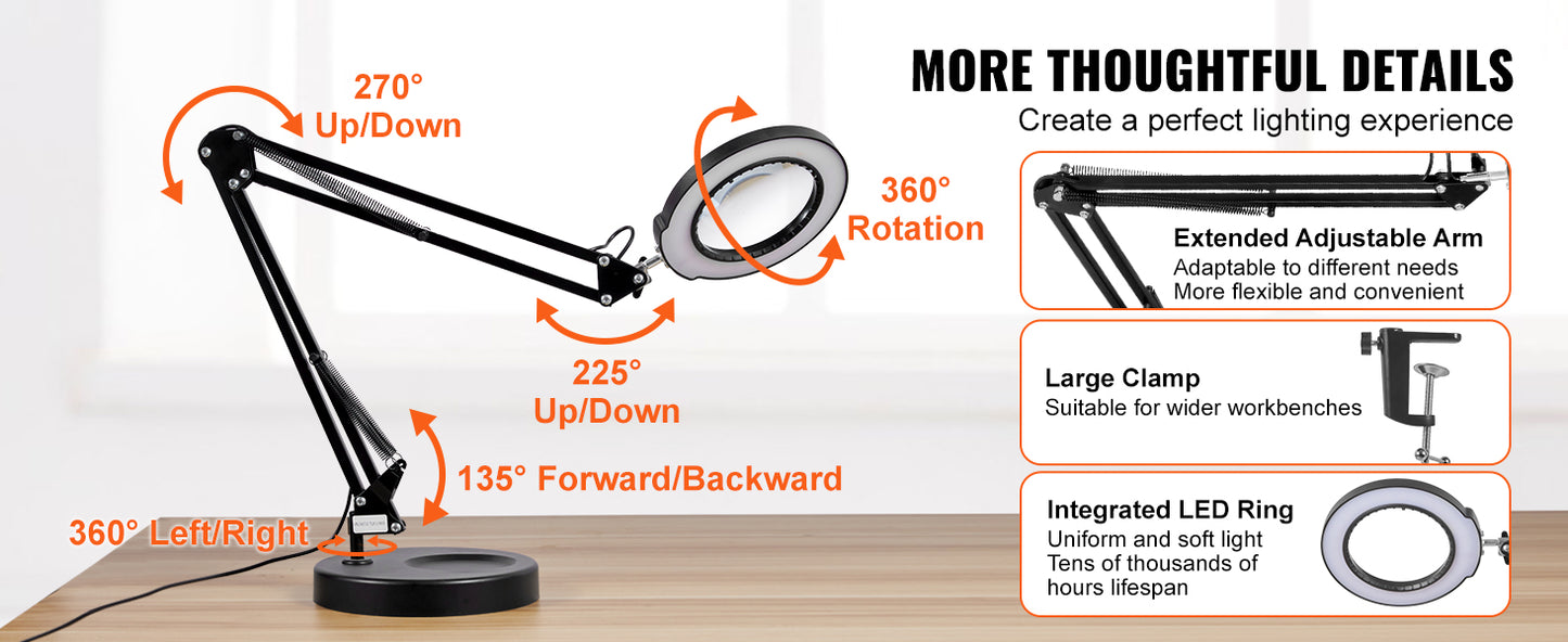 Magnifying Glass with Light 5X Magnifying Lamp 4.3" Glass Lens Base or Clamp Desk Magnifier with 64 LED Lights