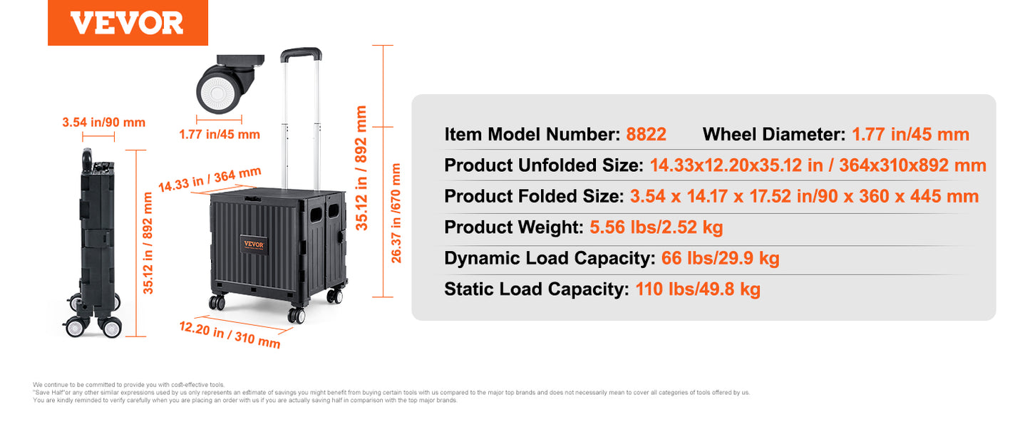 Foldable Utility Shopping Cart Folding Portable Crate Handcart with Telescope Handle Wheels for Travel Office Garden Use