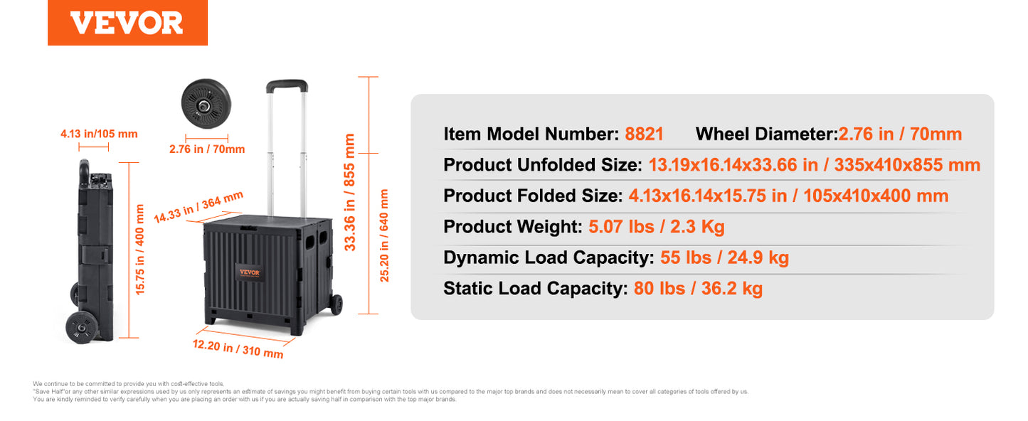 Foldable Utility Shopping Cart Folding Portable Crate Handcart with Telescope Handle Wheels for Travel Office Garden Use