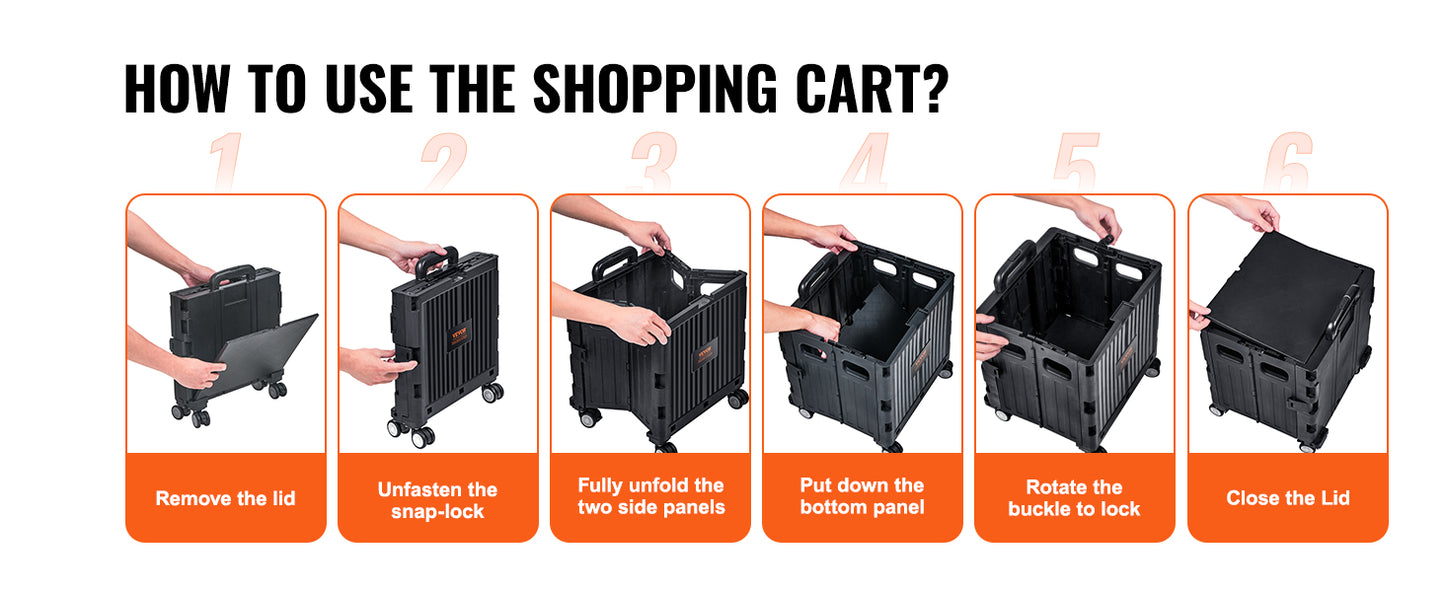 Foldable Utility Shopping Cart Folding Portable Crate Handcart with Telescope Handle Wheels for Travel Office Garden Use