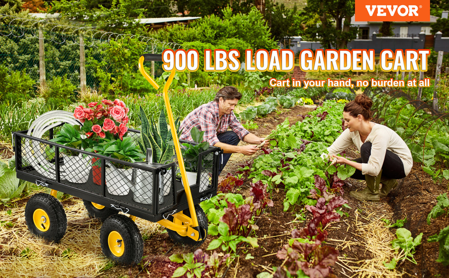 Steel Garden Cart Heavy Duty 500/900/1200/1400lbs Capacity with Removable Mesh Sides to Convert into Flatbed Metal Wagon