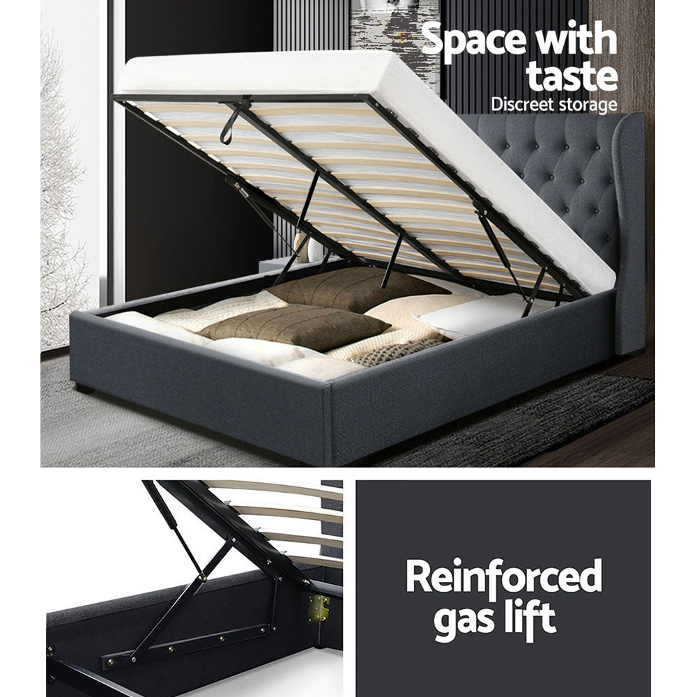 Bed Frame Fabric Gas Lift Storage - Charcoal Queen