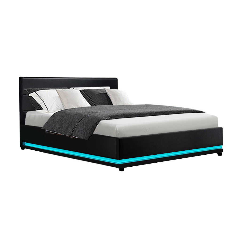 LED Bed Frame PU Leather Gas Lift Storage - Black Double