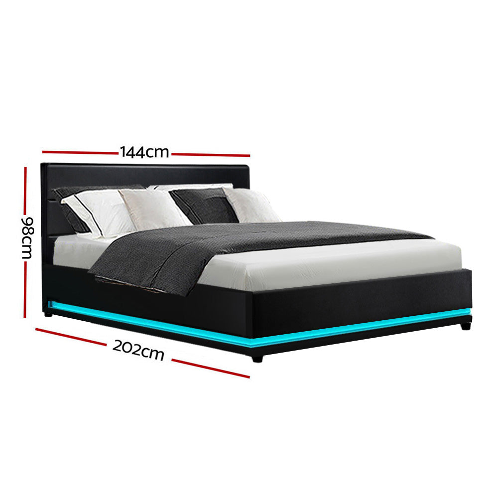 LED Bed Frame PU Leather Gas Lift Storage - Black Double