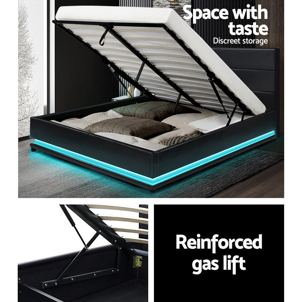 LED Bed Frame PU Leather Gas Lift Storage - Black Double