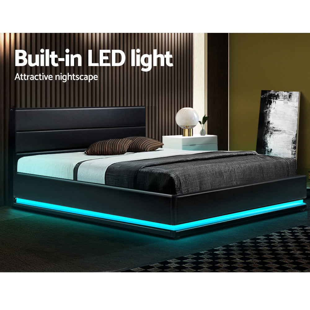 LED Bed Frame PU Leather Gas Lift Storage - Black Double