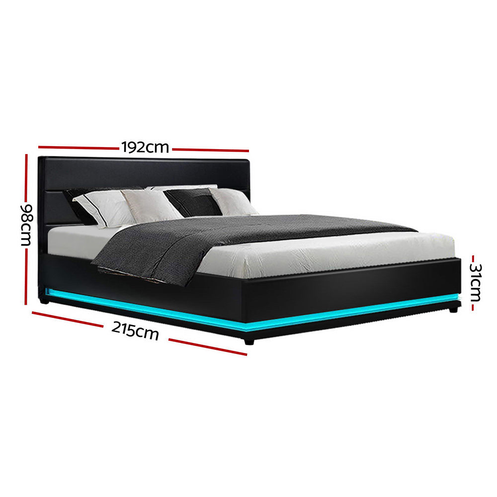 Lumi LED Bed Frame PU Leather Gas Lift Storage - Black King