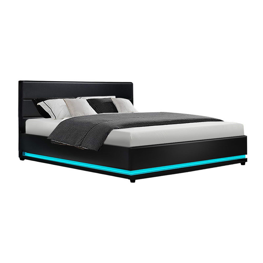 Lumi LED Bed Frame PU Leather Gas Lift Storage - Black Queen