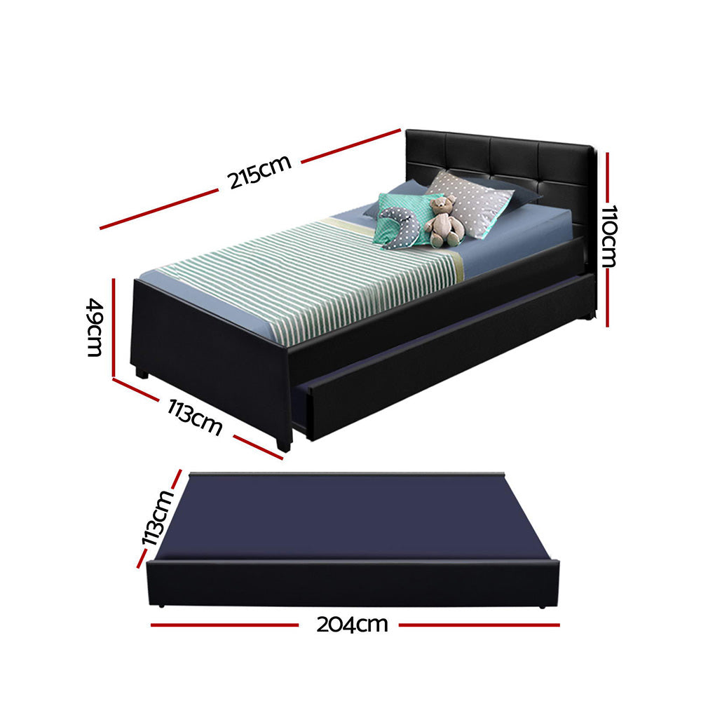 Trundle Bed Frame King Single Size Black Leather