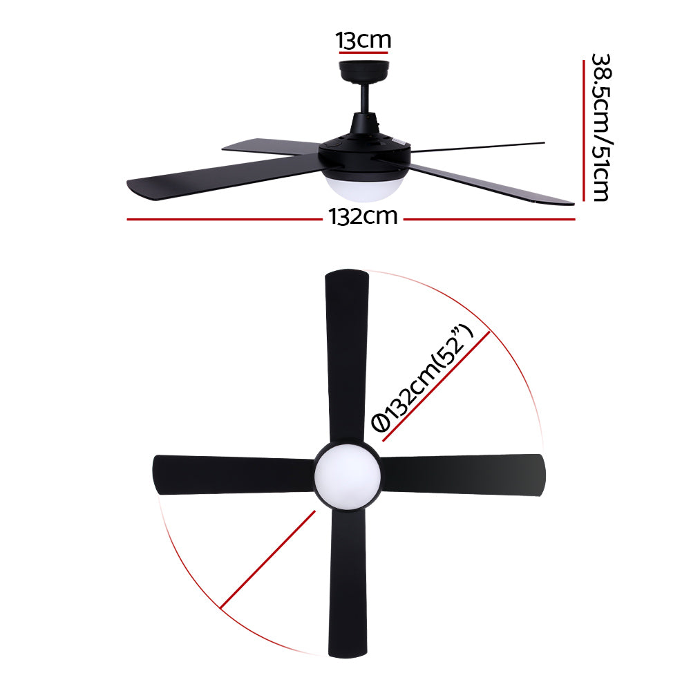 52'' Ceiling Fan w/Light w/Remote Timer - Black