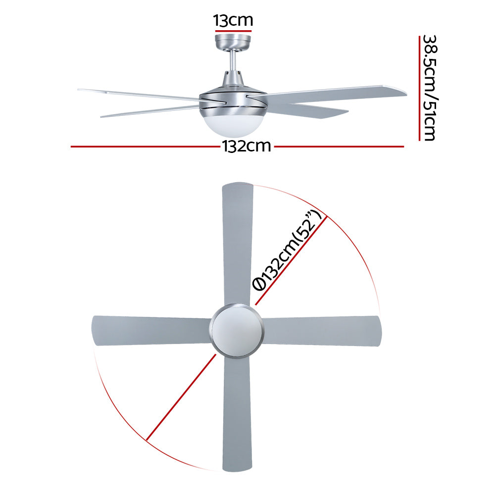 52'' Ceiling Fan w/Light w/Remote Timer - Silver