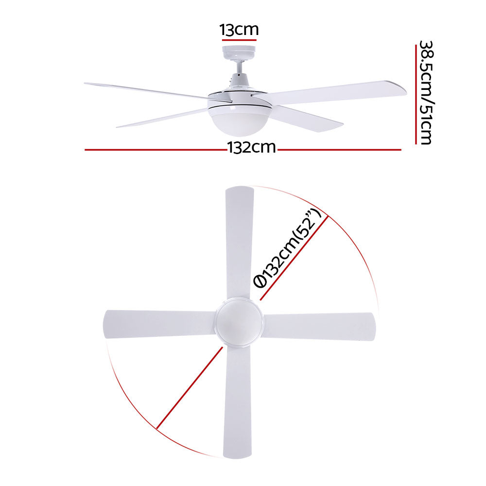 52'' Ceiling Fan w/Light w/Remote Timer - White