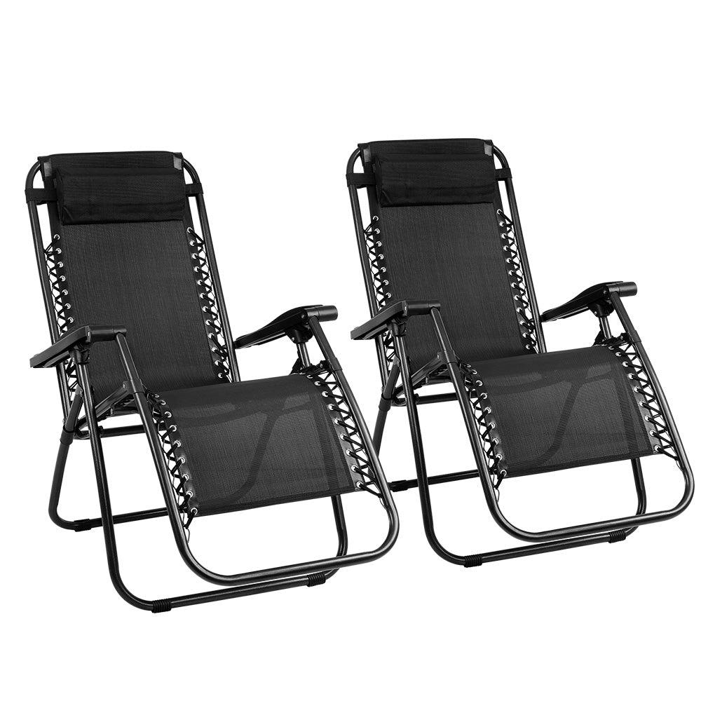 Set of 2 Zero Gravity Chairs Reclining Outdoor Furniture Sun Lounge Folding Camping Lounger Black