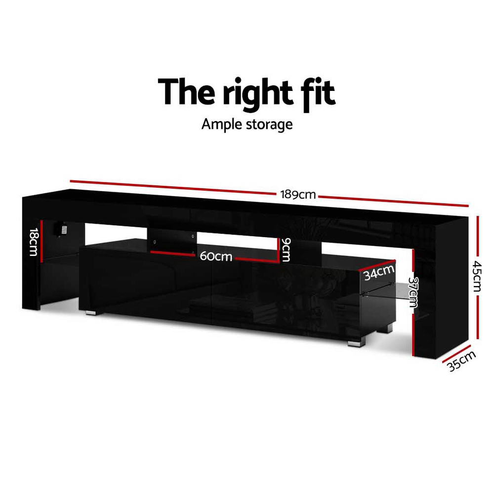 189cm RGB LED TV Stand Cabinet Entertainment Unit Gloss Furniture Drawers Tempered Glass Shelf Black