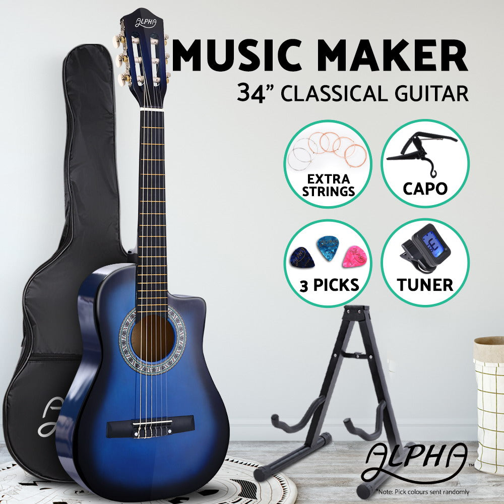 34" Inch Guitar Classical Acoustic Cutaway Wooden Ideal Kids Gift Children 1/2 Size Blue with Capo Tuner