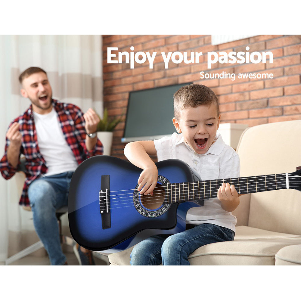 34" Inch Guitar Classical Acoustic Cutaway Wooden Ideal Kids Gift Children 1/2 Size Blue with Capo Tuner